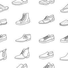Men's shoe collection. Various types of male shoes casual boots, sneakers, formal shoes, vector line seamless pattern background.