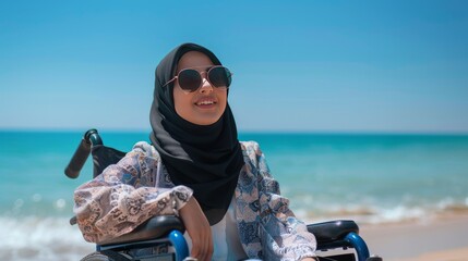 Portrait of a muslim hijab young woman in a motorized wheelchair on the beach on a sunny day