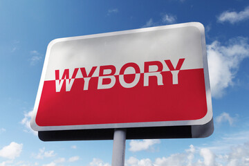 Road sign Elections in Poland with Polish flag on blue sky. Freedom and elections, concept