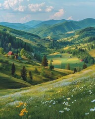 Naklejka premium panorama of beautiful countryside of romania sunny afternoon wonderful springtime landscape in mountains grassy field and rolling hills rural scenery