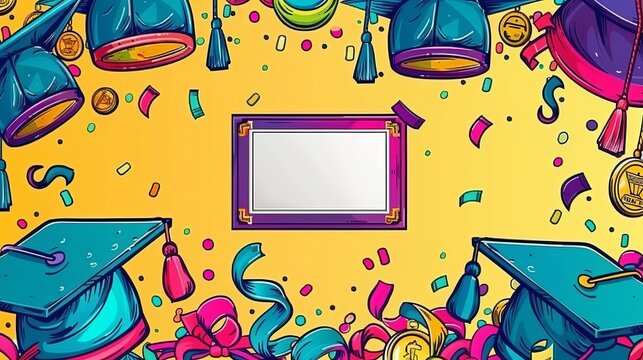 Colorful Graduation Celebration Background with Graduates' Caps, Confetti, Diplomas, and a Central Frame for Text or Photos