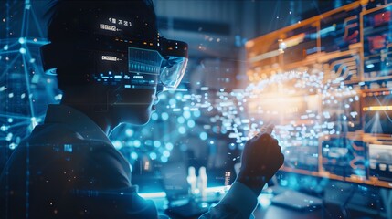 Person using AR glasses in a modern office