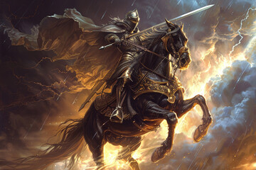 Fototapeta premium A knight on a rearing horse, his sword raised high against the backdrop of a stormy sky.