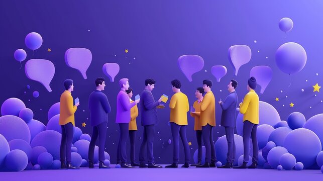 Networking Event, Abstract figures exchanging cards, with speech bubbles indicating communication and networking