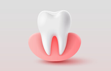 Tooth with gum, 3D illustration of a tooth on a light background. Vector illustration