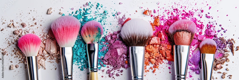 Poster an artistic arrangement of makeup brushes coated in colorful eyeshadow and blush, set against a clea
