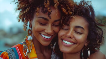 Fototapeta premium 3. Transgender woman smiling brightly as she embraces her partner, their faces close together, with a city skyline in the background