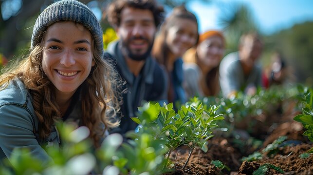 1. Diverse group of volunteers planting trees in a park, smiling and working together under a clear blue sky - Powered by Adobe