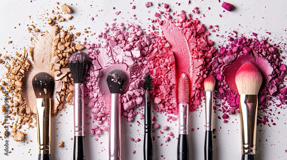 Poster a close-up shot of makeup brushes covered in colorful eyeshadow and blush on a white background. gen