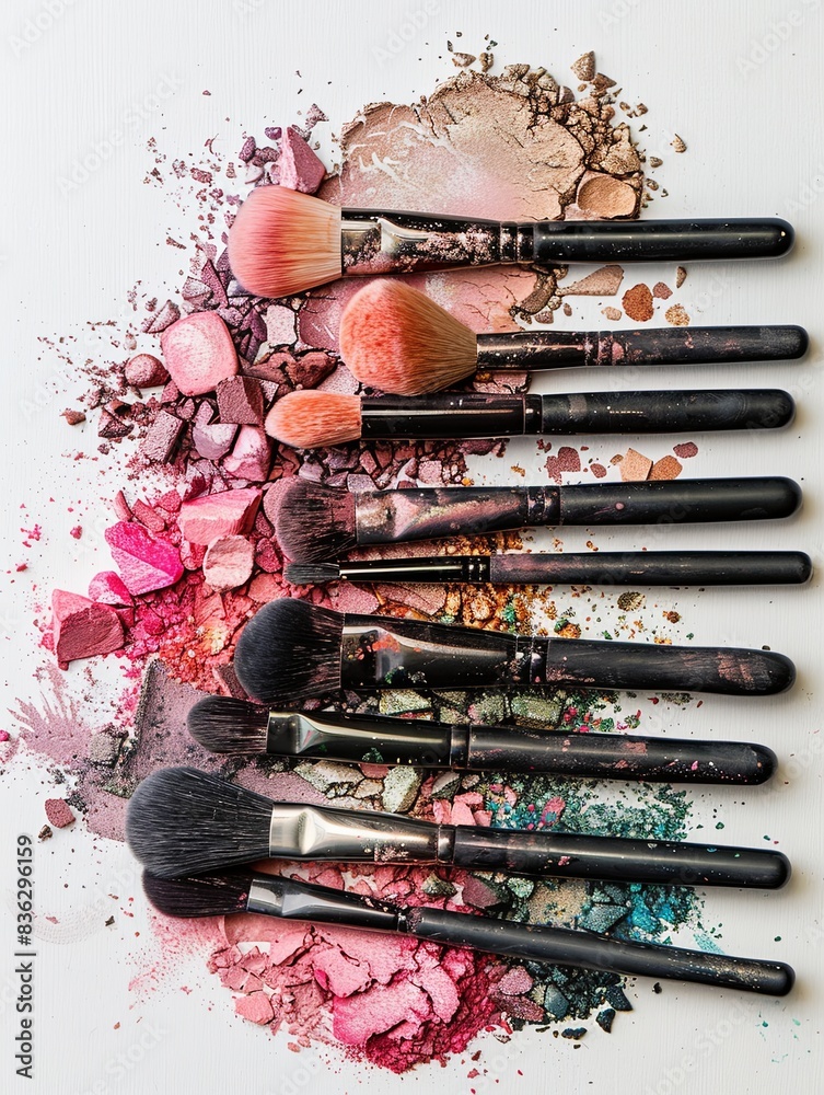 Poster a close-up image of various makeup brushes covered with vibrant eyeshadow and blush colors on a whit