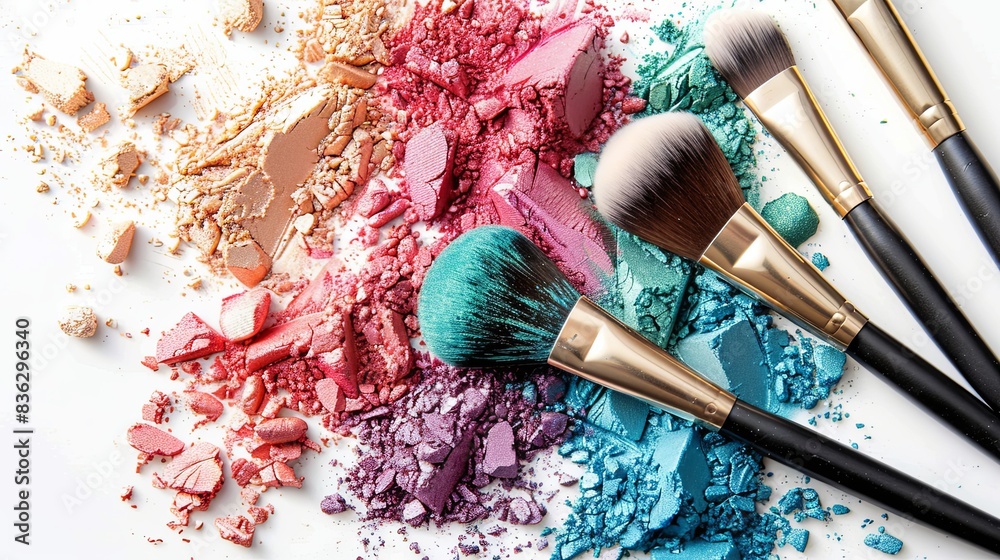 Aufkleber close-up of makeup brushes covered in colorful eyeshadow and blush. generative ai