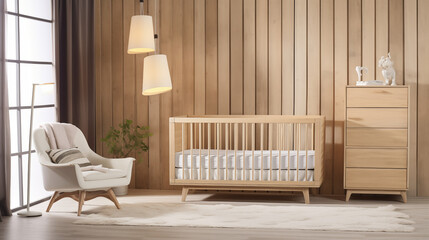 Modern Scandinavian Baby Nursery with Wooden Furniture