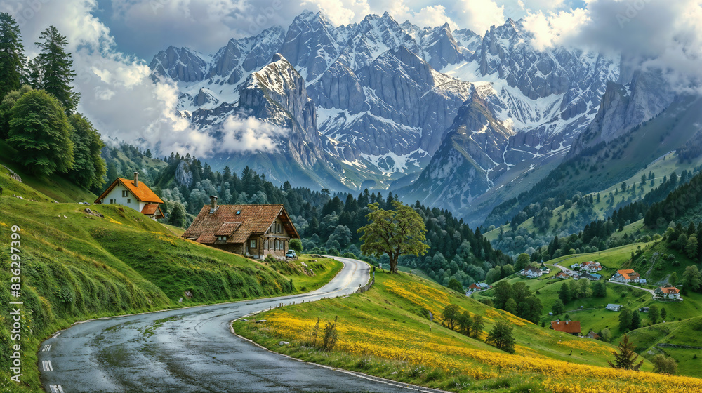 Wall mural AI generated illustration of a winding mountain road in the Swiss Alps