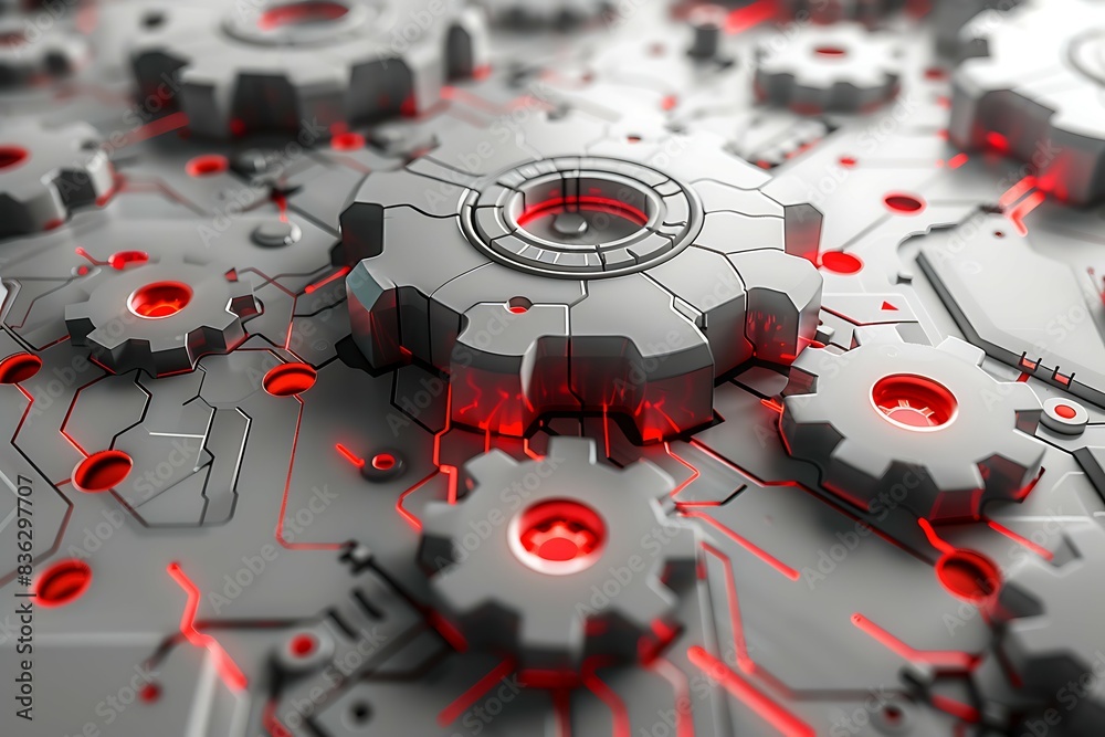 Poster 3d illustration of abstract technology background with cogwheels and red lights
