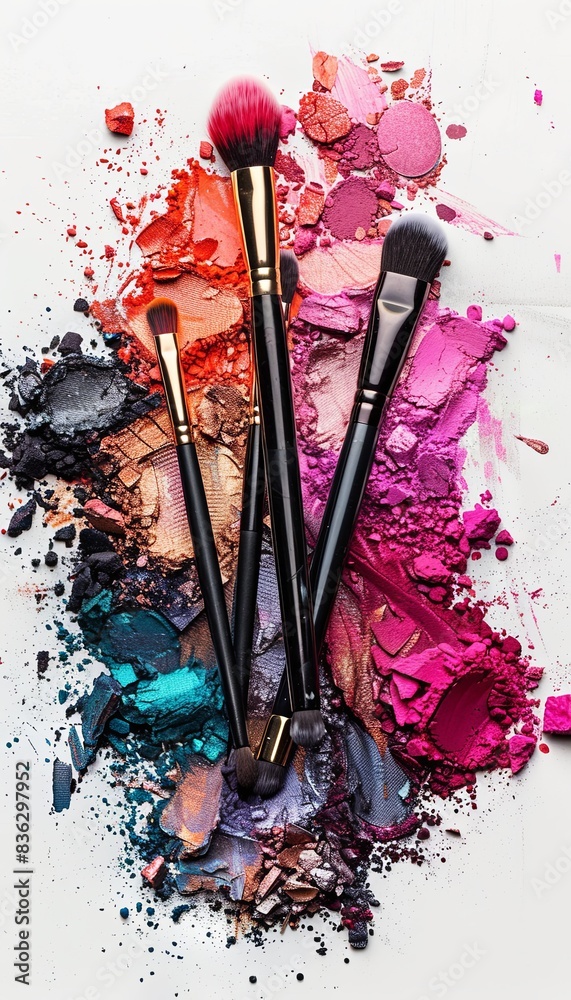 Poster a close-up view of colorful makeup brushes covered in eyeshadow and blush on a white background. gen