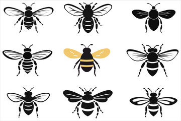 Bee Silhouette Vector Bundle Set, Honey Bee Vector Silhouette , Different Poses Bee Vector Silhouette 

