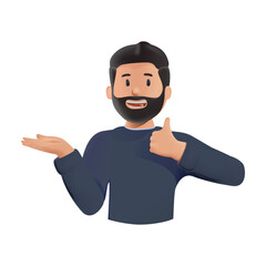 Happy man showing smth, introducing product with hand gesture. Showing empty copy space on open hand palm for text. Presenter presenting sth. 3D vector illustrations isolated on white background