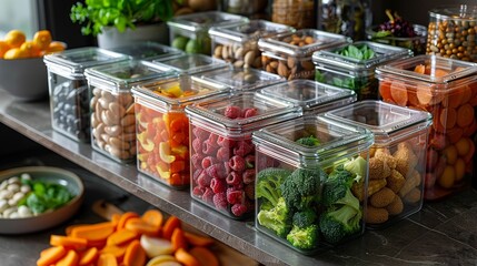 Transparent containers filled with fresh vegetables, legumes, and berries displayed on a kitchen countertop