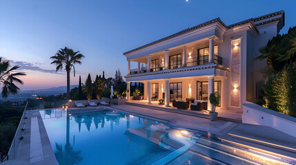 Obraz premium modern cozy house with pool and parking for sale or rent in luxurious style and beautiful landscaping on background ,Clear summer night with many stars on the sky