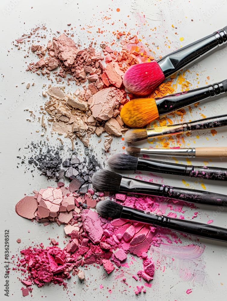 Aufkleber makeup brushes covered in colorful eyeshadow and blush arranged on a white background. generative ai
