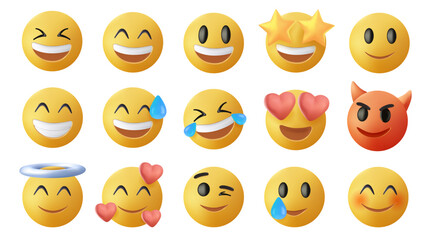 Fototapeta premium Smiling and Affectionate emojis 3D set. Emoticons big set. Vector icons set. Social media emoji. Emoji faces collection. Funny emoticons faces with facial expressions, UI interface icons