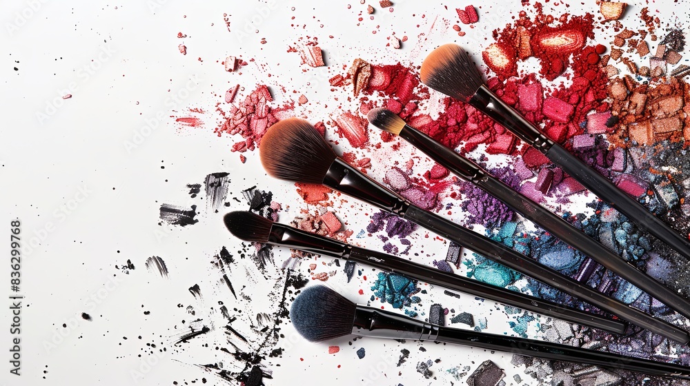 Aufkleber five makeup brushes on a white background covered in vibrant eyeshadow and blush. generative ai