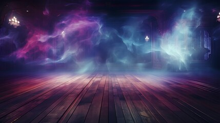 Background of empty dark scene with wooden old floor. Neon light smoke. Dark abstract background. Night wooden table. 