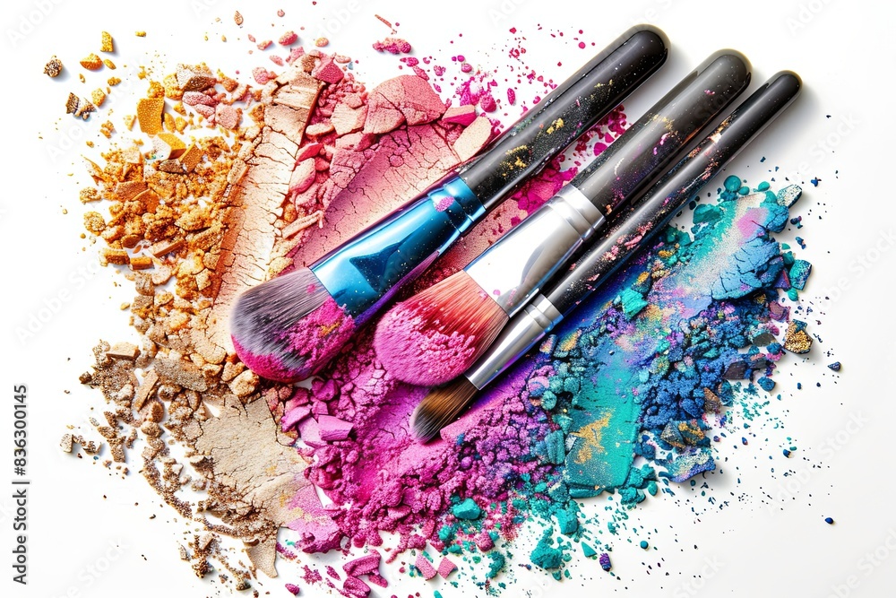 Aufkleber a close-up of makeup brushes covered in colorful eyeshadow and blush, arranged artistically on a whi