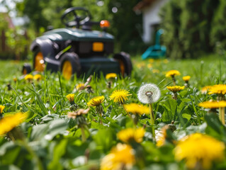 Man Mowing Lawn in Sunny Backyard with Lush Green Grass - Enhanced for Garden Maintenance and Summer Vibes