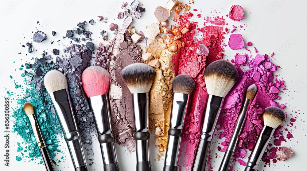Poster a close-up image of various makeup brushes arranged on a white background. the brushes are covered i