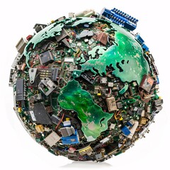 A photo of a globe buried under heaps of electronic waste, isolated on a white background for clear png image