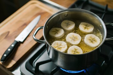 Boiling bananas in pot on stove with knife and cutting board nearby