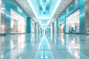 Fototapeta premium Panoramic image of a mall hallway in light blue tones, blurred for a spacious and airy atmosphere