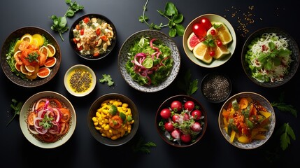 Assortment of healthy food dishes from above with space for text, including fresh vegetables, fruits, grains, and lean proteins on rustic wooden table, ideal for clean eating and balanced diet concept