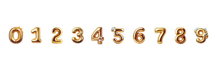 Naklejka premium Set of Numbers from 0 to 9 made with foil holographic birthday balloons, isolated over on transparent white background