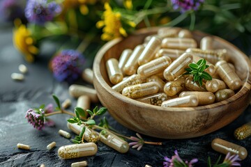 Fototapeta premium A wooden bowl filled with capsules and flowers