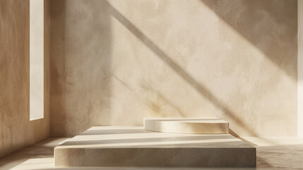 Simple presentation background with podium and wall, sunlight casting shadow through window