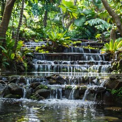 A waterfall is flowing down a rocky hillside