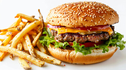 Deluxe Cheese burger with Sesame Seed Bun and Fries