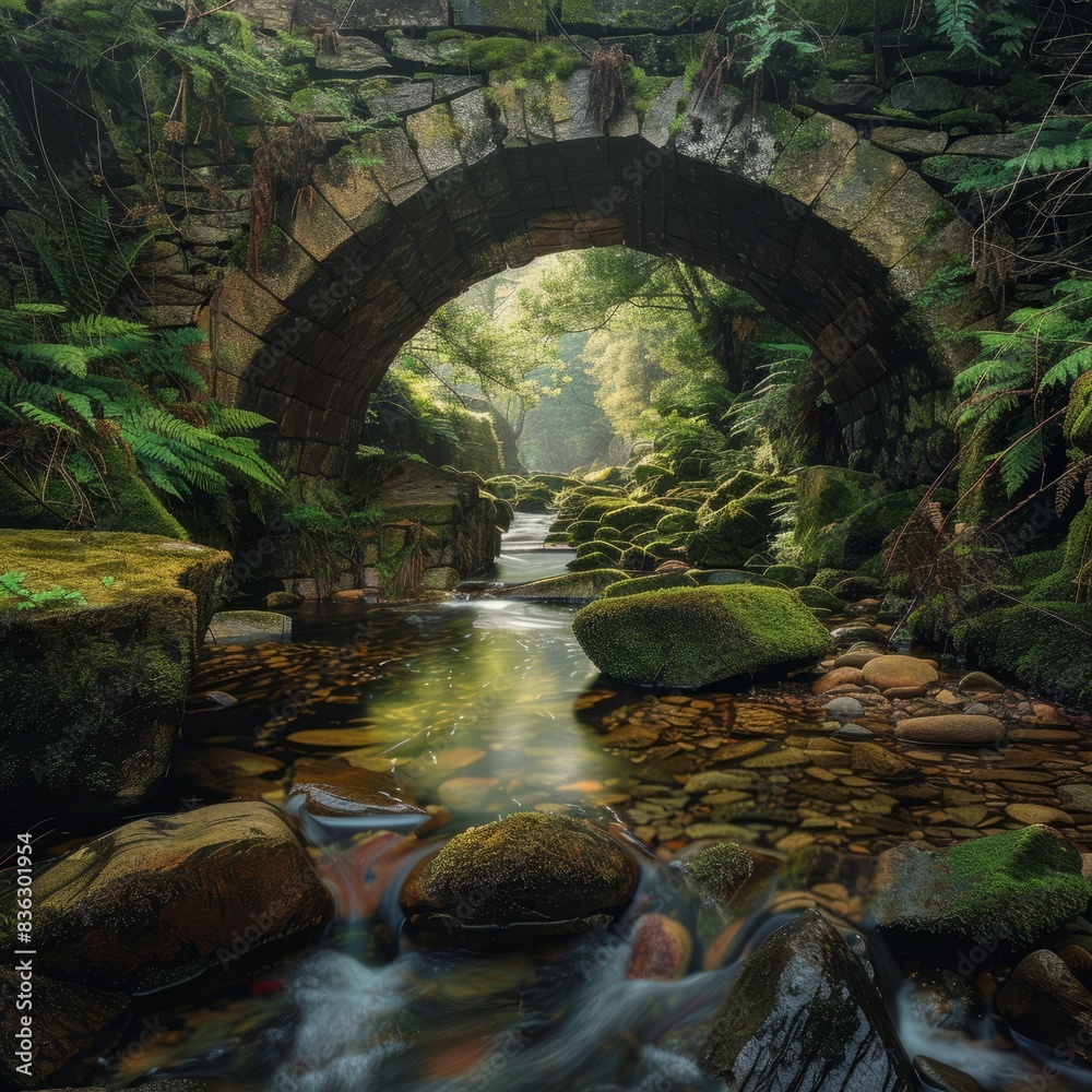 Wall mural A bridge over a river with moss growing on it