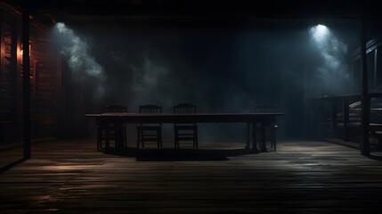 Background of empty dark scene with wooden old floor. Neon light smoke. Dark abstract background. Night wooden table. 