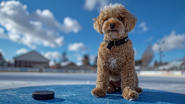 A cute golden brown toy poodle sits on the ice next to a hockey puck, with a dreamy look in its eyes.