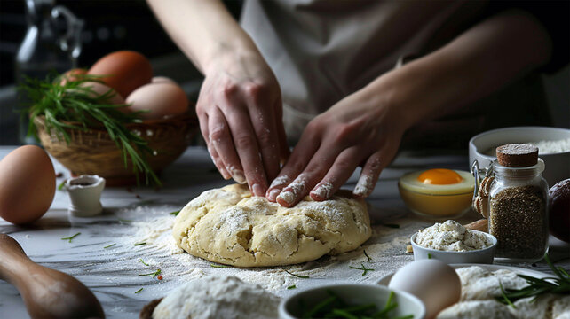 Cinematic close up of professional artisan baker chef is making with flour loaf of dough for preparation of pasta, pizza and other pastries in rustic bakery kitchen.