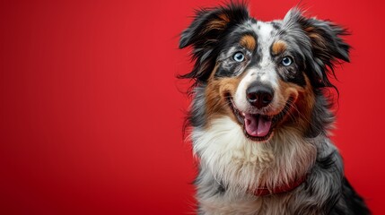 Fototapeta premium A cute Australian Shepherd dog is sitting on a red background looking at the camera with a happy expression on its face.