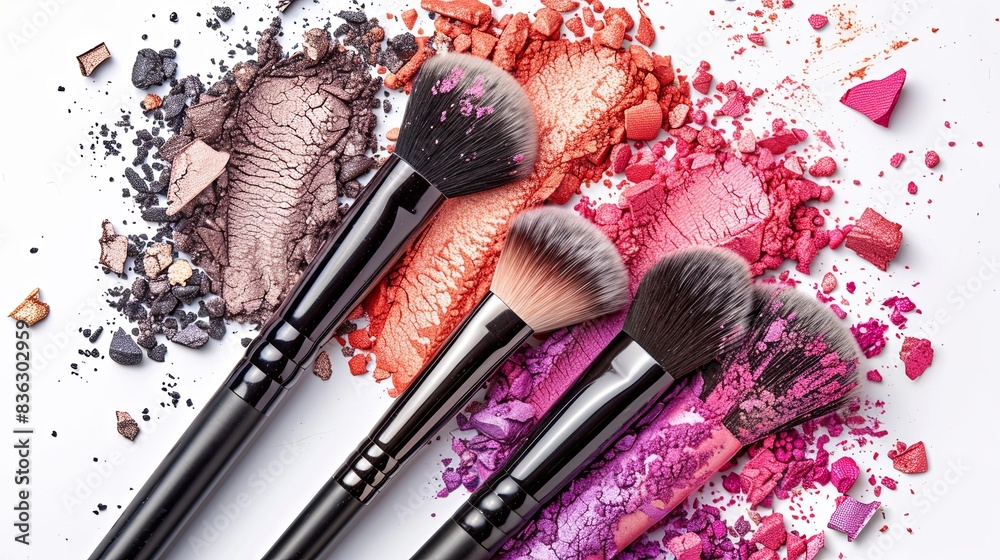 Poster a close-up shot of makeup brushes covered in various colors of eyeshadow and blush against a white b