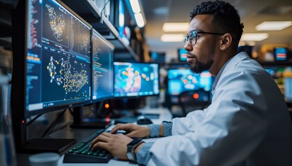 Professional working at multiple monitors