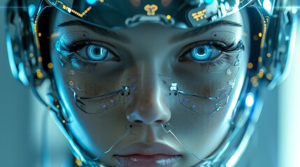 A stylized female robot face with a sleek