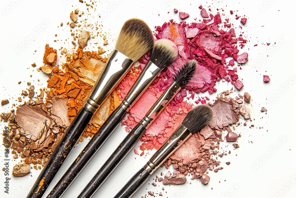 Aufkleber close-up of makeup brushes with colorful eyeshadow and blush on a white background. generative ai