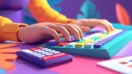 Fototapeta premium Colorful scene of hands typing on a vibrant keyboard with a calculator nearby, emphasizing productivity with a playful context.