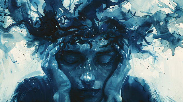 A person clutches their head in anguish, eyes closed tightly as if trying to block out the overwhelming thoughts and worries that plague their mental state.